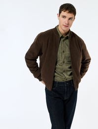 Uzun Kollu Cepli Fermuarlı Kaşe Bomber Ceket