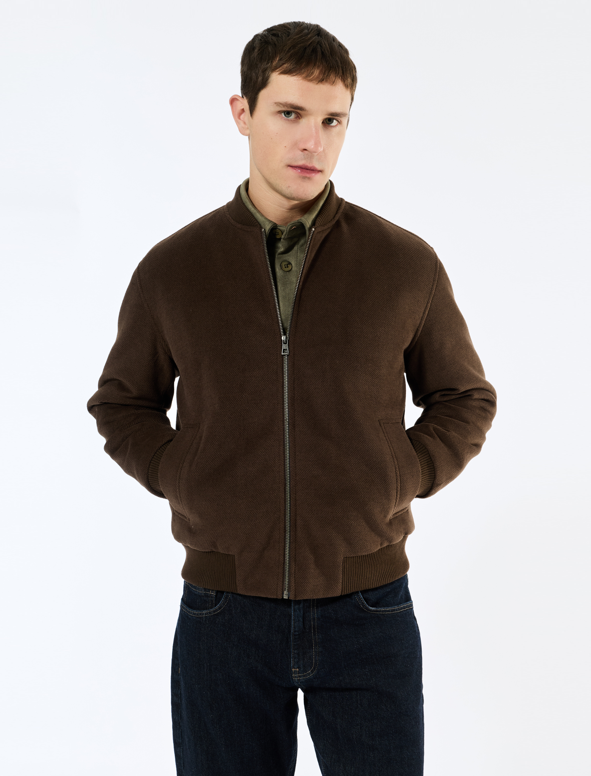   Uzun Kollu Cepli Fermuarlı Kaşe Bomber Ceket