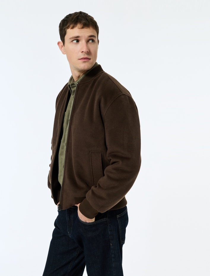  Uzun Kollu Cepli Fermuarlı Kaşe Bomber Ceket