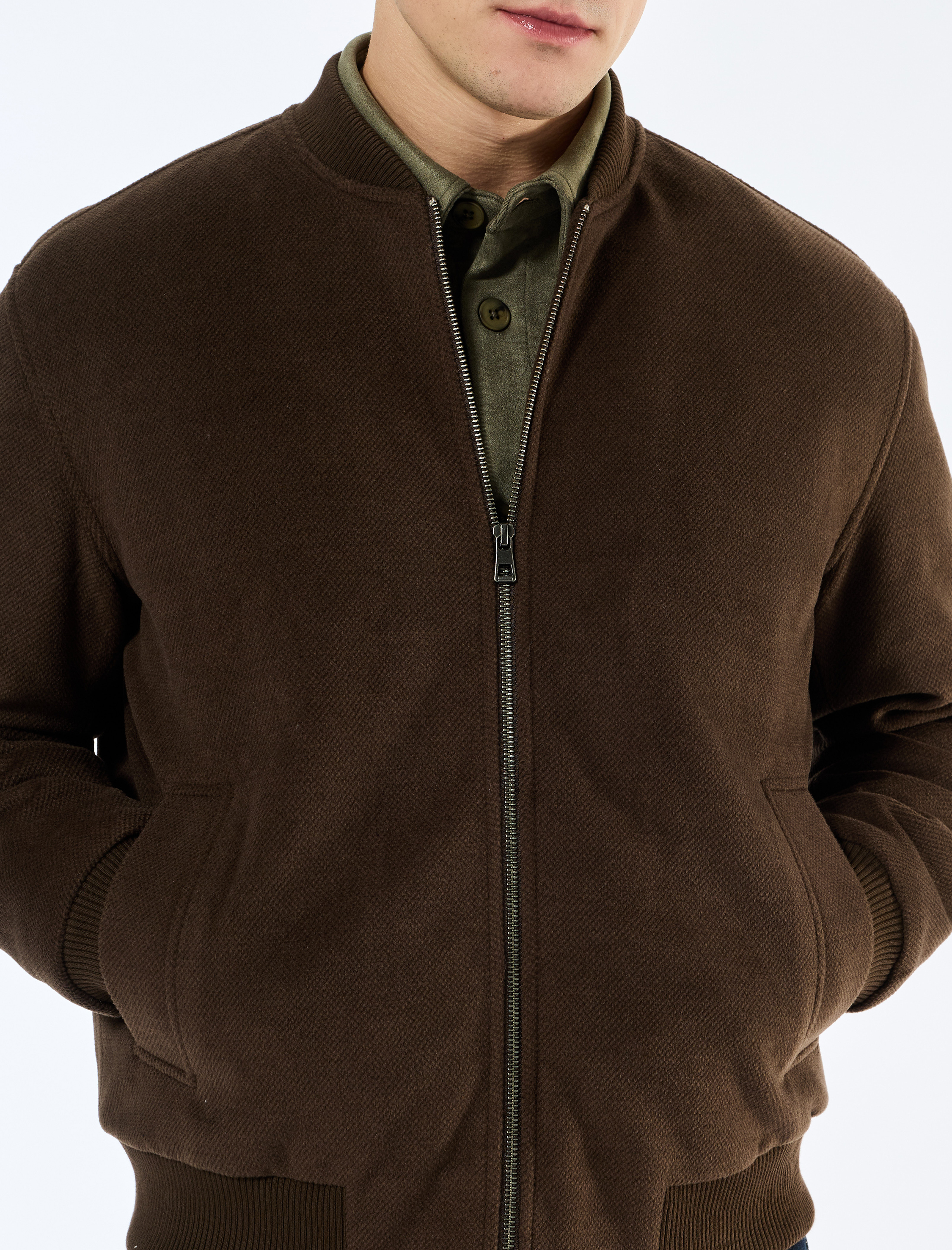   Uzun Kollu Cepli Fermuarlı Kaşe Bomber Ceket