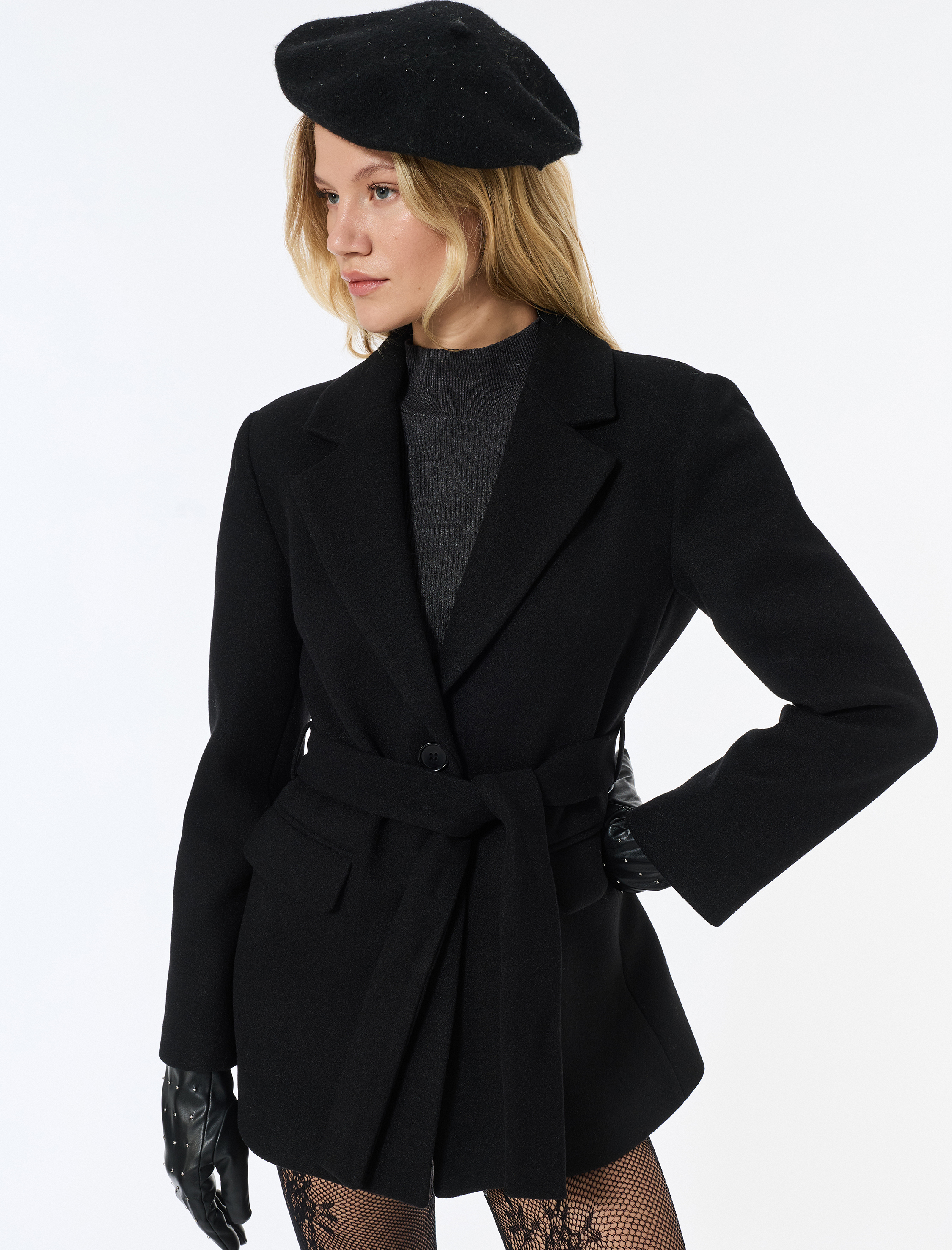   Kısa Kaban Kaşe Kemerli Cepli Kruvaze Uzun Kollu