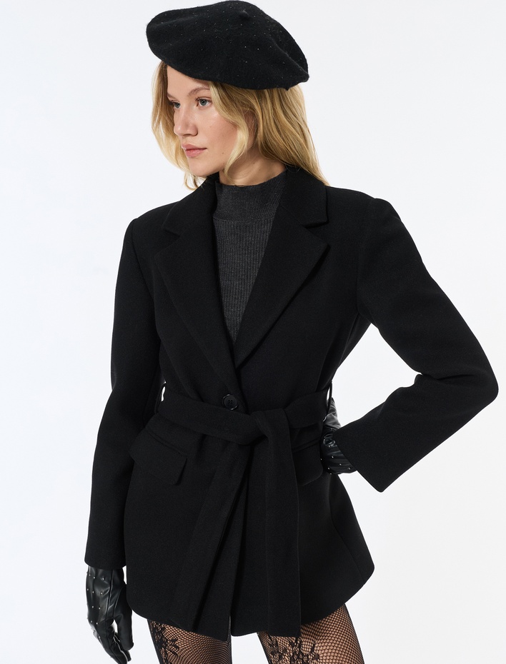  Kısa Kaban Kaşe Kemerli Cepli Kruvaze Uzun Kollu