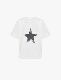 Arkası Yıldız Baskılı Kısa Kollu Bisiklet Yaka Oversize Tişört