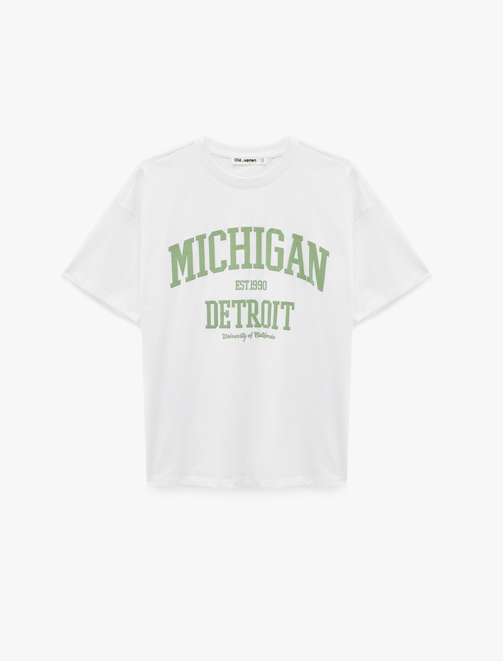  Baskılı Kısa Kollu Bisiklet Yaka Oversize Tişört