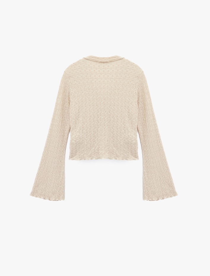  Slim Fit Uzun Kollu Düğmeli Dokulu Klasik Yaka Bluz