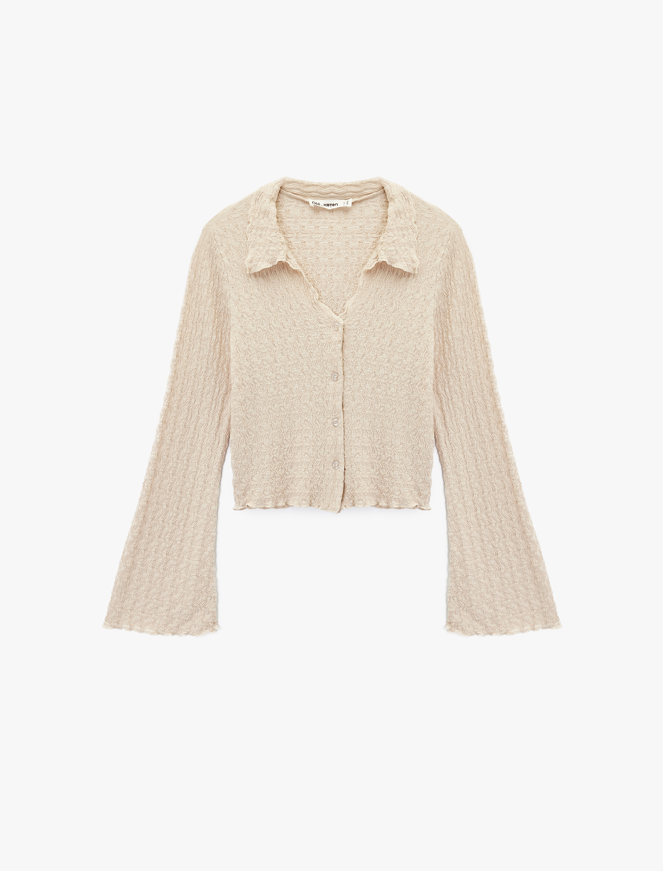   Slim Fit Uzun Kollu Düğmeli Dokulu Klasik Yaka Bluz