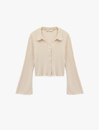 Slim Fit Uzun Kollu Düğmeli Dokulu Klasik Yaka Bluz