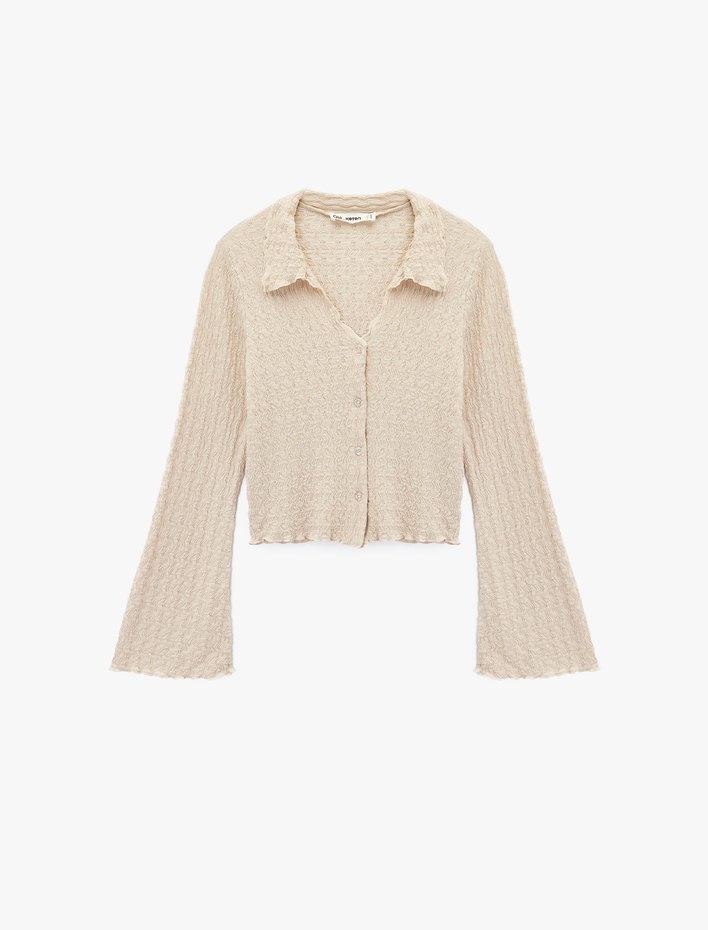  Slim Fit Uzun Kollu Düğmeli Dokulu Klasik Yaka Bluz