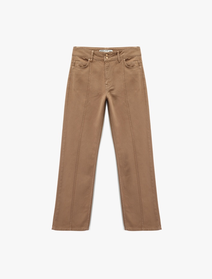  Nervürlü Cepli Düğmeli Yüksek Bel Pamuklu Düz Paça Pantolon - Straight Fit Jean