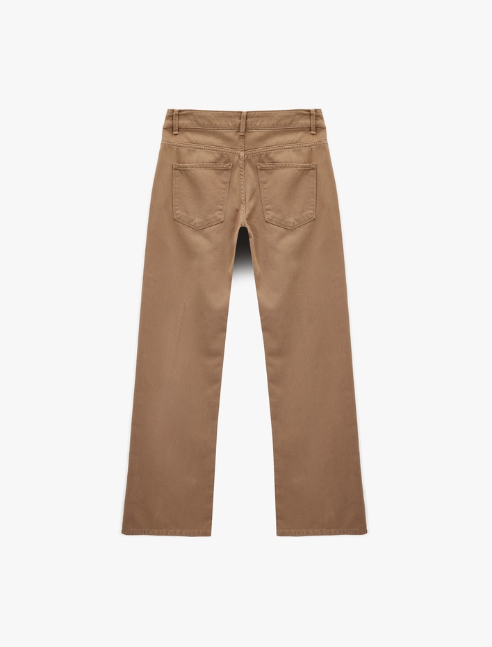  Nervürlü Cepli Düğmeli Yüksek Bel Pamuklu Düz Paça Pantolon - Straight Fit Jean