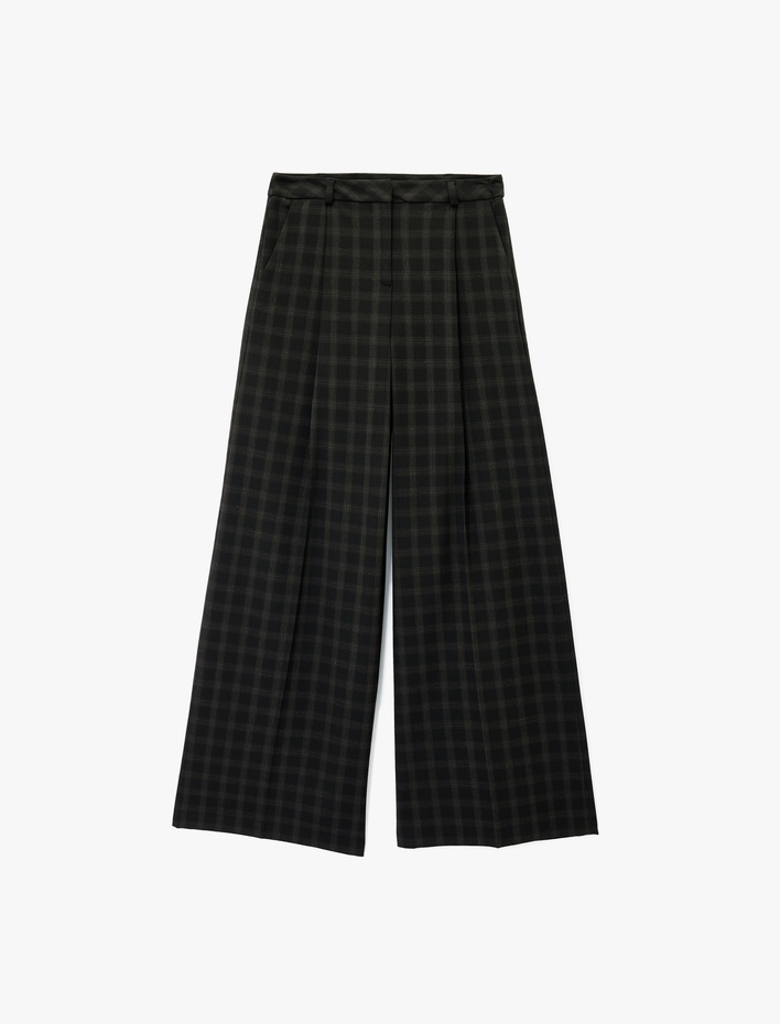  Cepli Yüksek Bel Kareli Geniş Paça Palazzo Pantolon