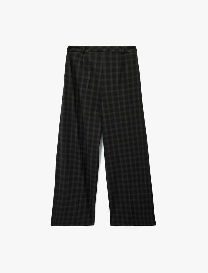  Cepli Yüksek Bel Kareli Geniş Paça Palazzo Pantolon