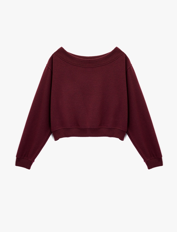  Viskon Karışımlı Kayık Yaka Omzu Açık Uzun Kollu Tişört