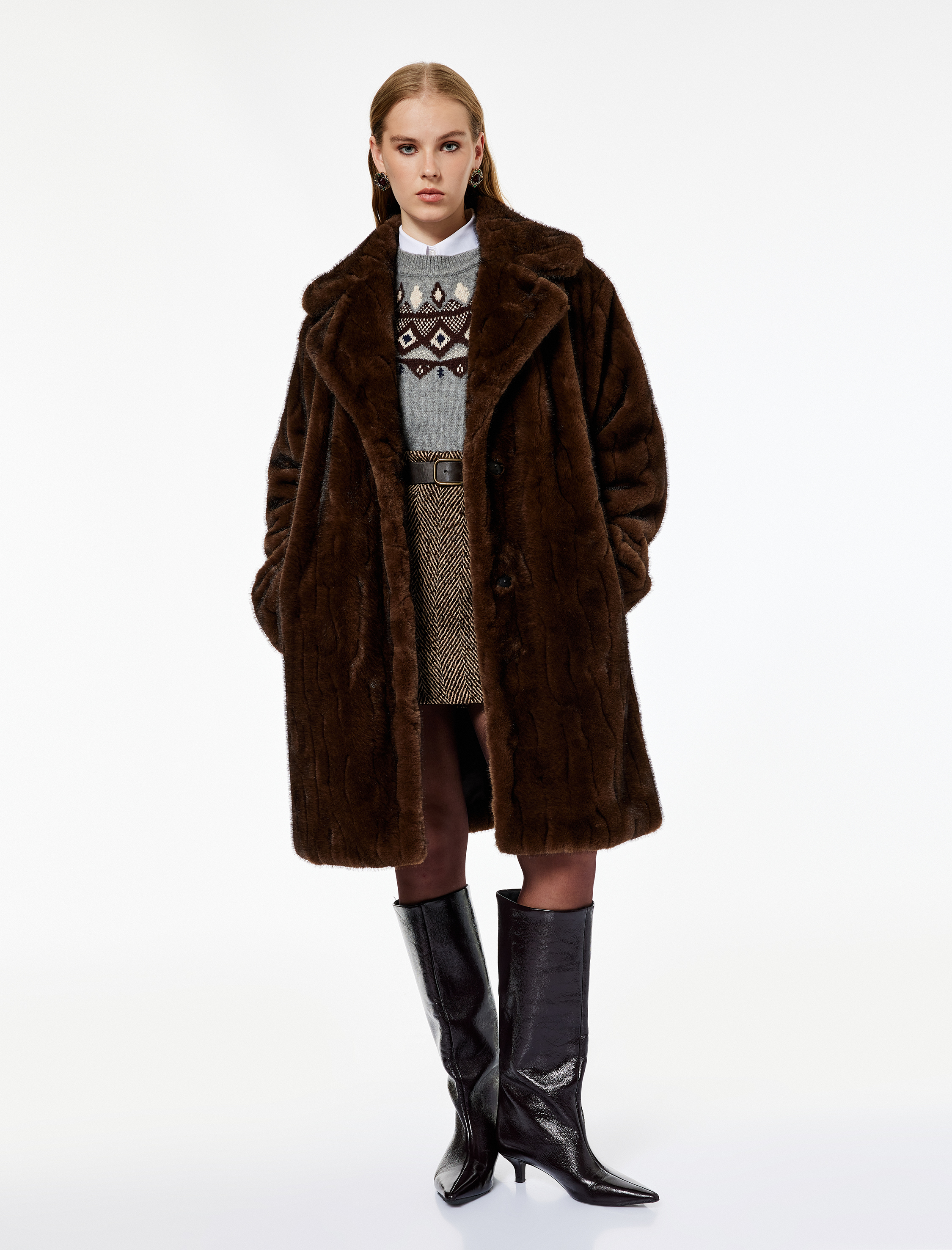   Koton X Melis Ağazat - Suni Kürk Kaban Düğmeli Uzun Kollu Cepli