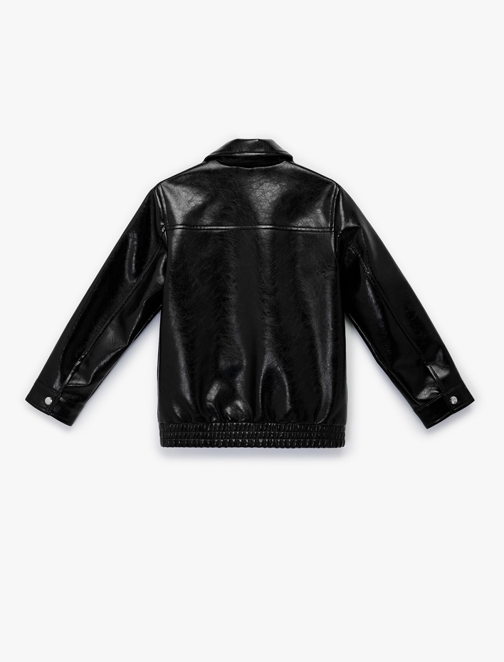 Kız Çocuk Fermuarlı Zımba Detaylı Uzun Kollu Suni Deri Ceket