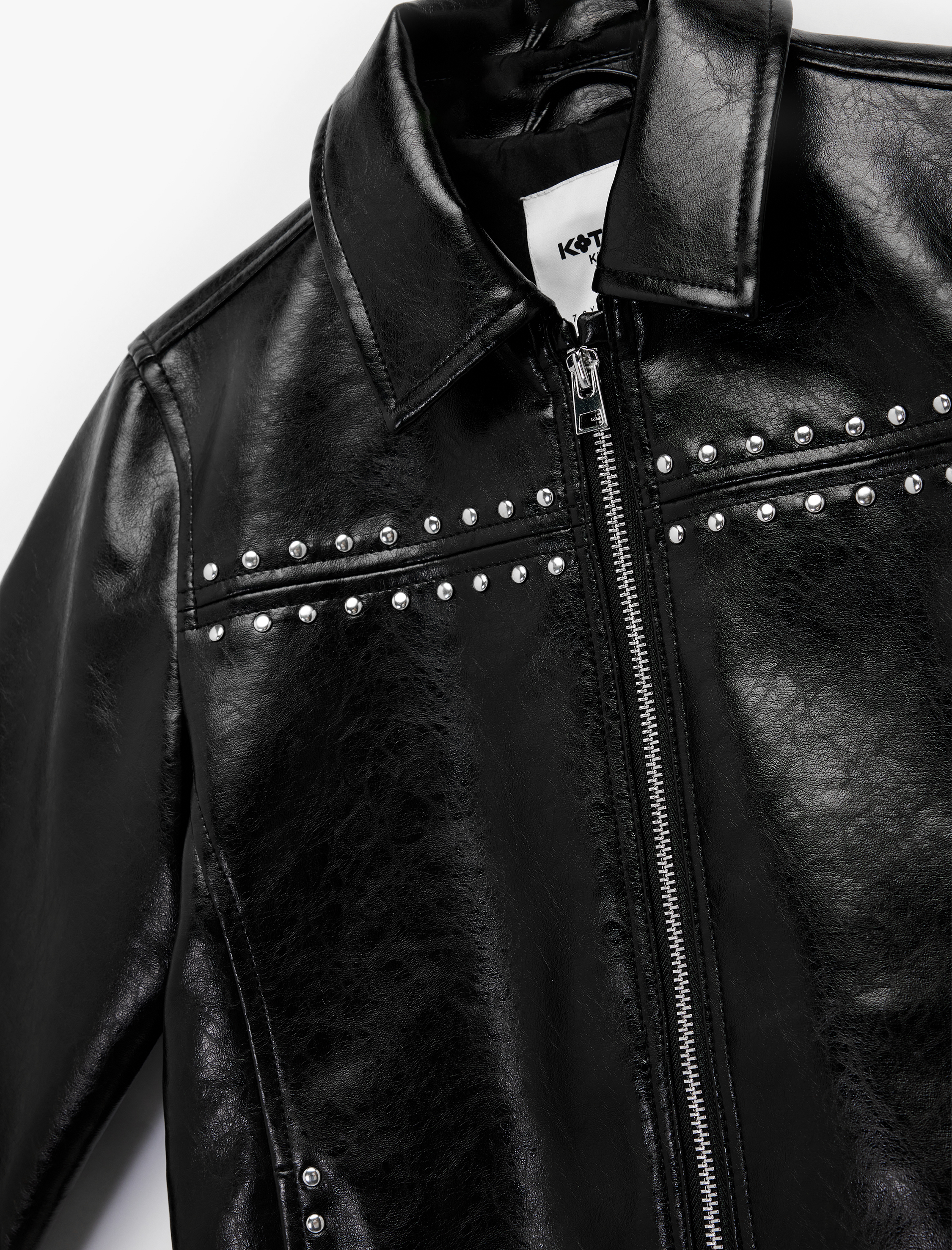  Kız Çocuk Fermuarlı Zımba Detaylı Uzun Kollu Suni Deri Ceket