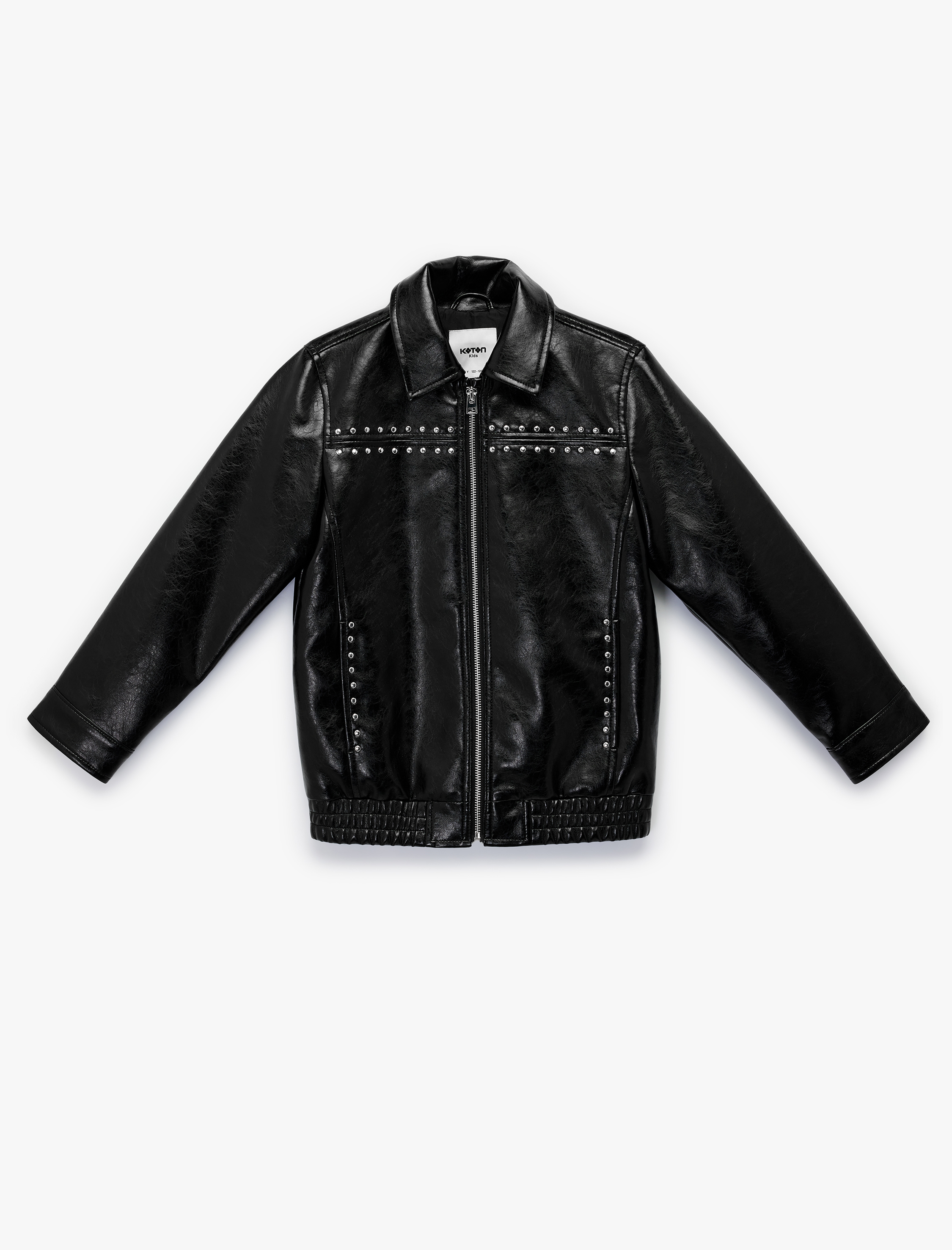  Kız Çocuk Fermuarlı Zımba Detaylı Uzun Kollu Suni Deri Ceket