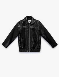 Fermuarlı Zımba Detaylı Uzun Kollu Suni Deri Ceket