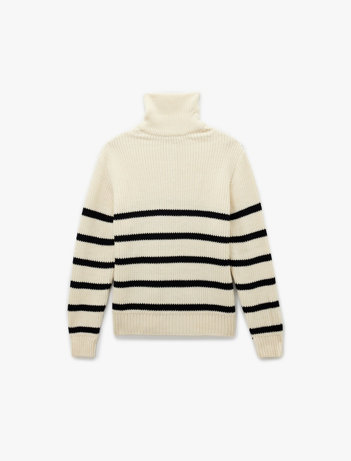  Yarım Fermuarlı Çizgili Kışlık Triko Kazak