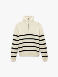 Yarım Fermuarlı Çizgili Kışlık Triko Kazak