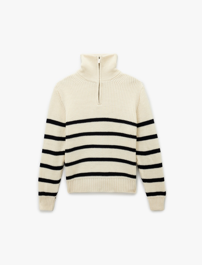  Yarım Fermuarlı Çizgili Kışlık Triko Kazak