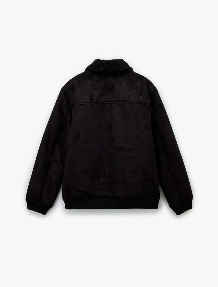  Peluş Yaka Fermuarlı Slim Fit Uzun Kollu Kışlık Suni Süet Ceket