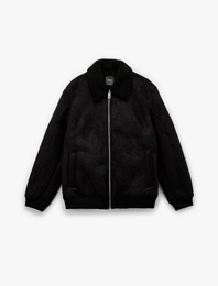 Peluş Yaka Fermuarlı Slim Fit Uzun Kollu Kışlık Suni Süet Ceket