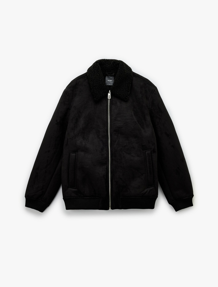  Peluş Yaka Fermuarlı Slim Fit Uzun Kollu Kışlık Suni Süet Ceket