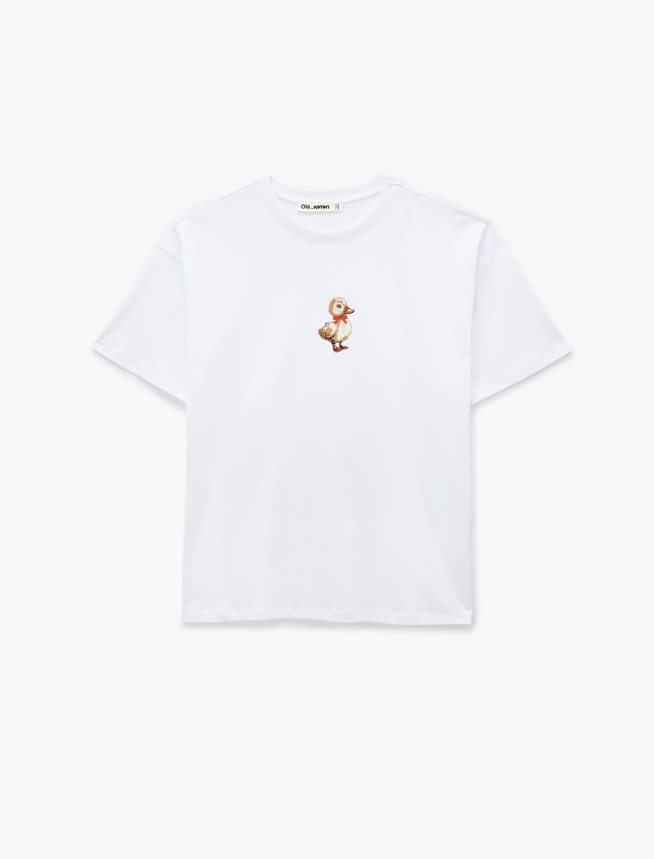   Pamuklu Kısa Kollu Bisiklet Yaka Ördek Nakışlı Oversize Tişört