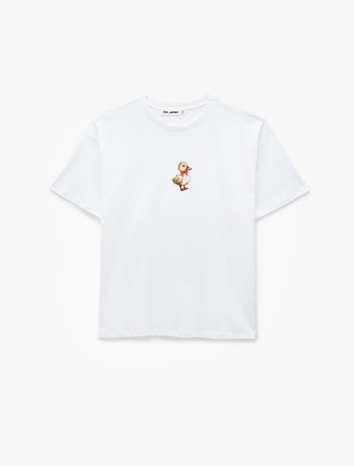 Pamuklu Kısa Kollu Bisiklet Yaka Ördek Nakışlı Oversize Tişört