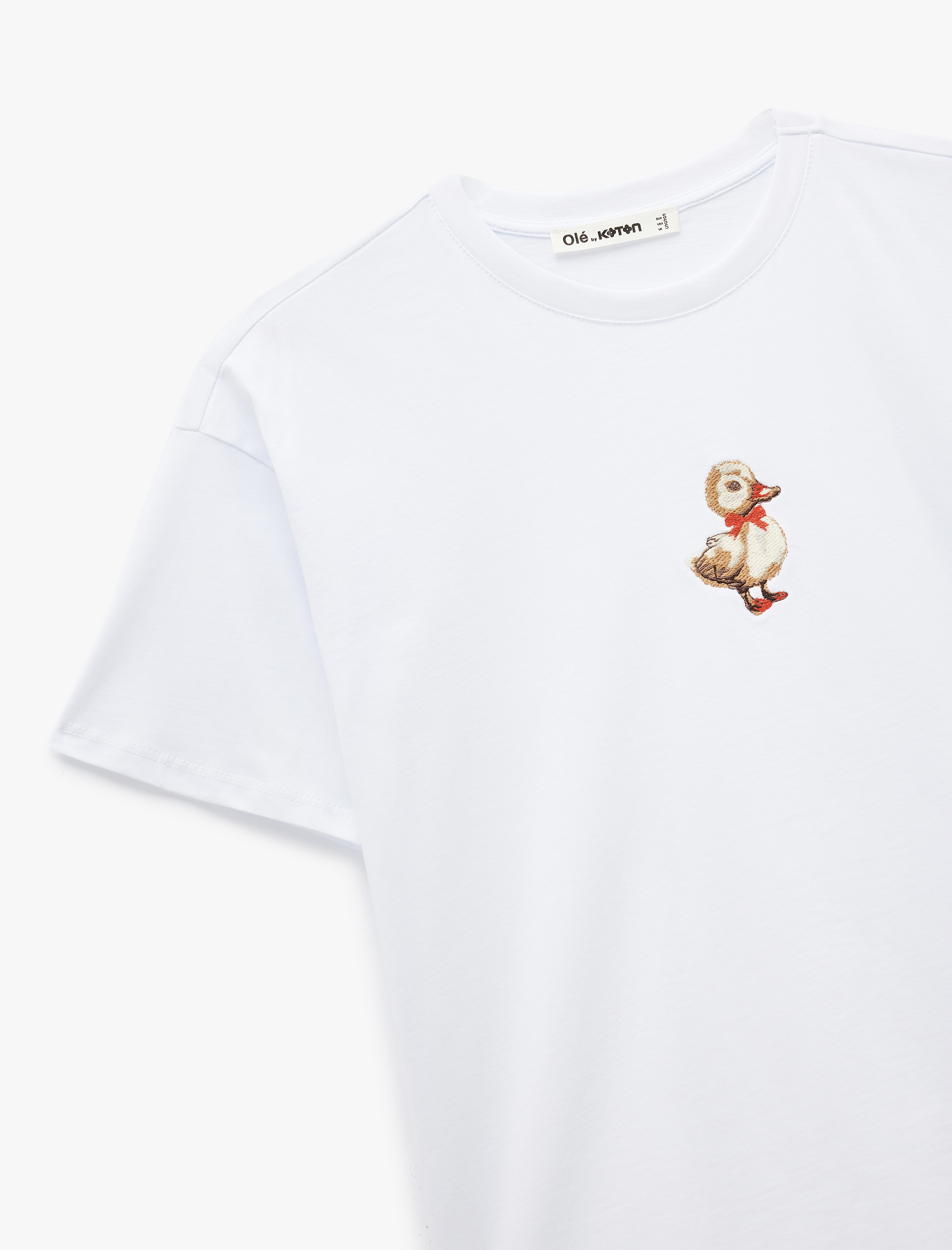   Pamuklu Kısa Kollu Bisiklet Yaka Ördek Nakışlı Oversize Tişört