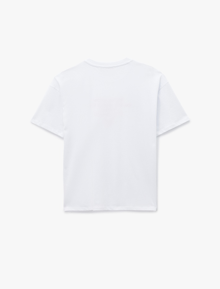  Pamuklu Kısa Kollu Bisiklet Yaka Baskılı Oversize Tişört