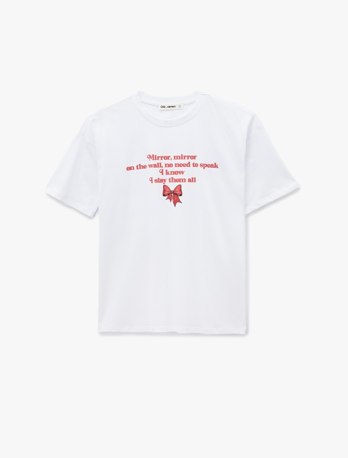  Pamuklu Kısa Kollu Bisiklet Yaka Baskılı Oversize Tişört