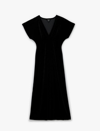 Slim Fit Kısa Yarasa Kollu Kruvaze V Yaka Midi Boy Kadife Elbise