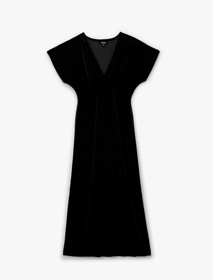 Slim Fit Kısa Yarasa Kollu Kruvaze V Yaka Midi Boy Kadife Elbise