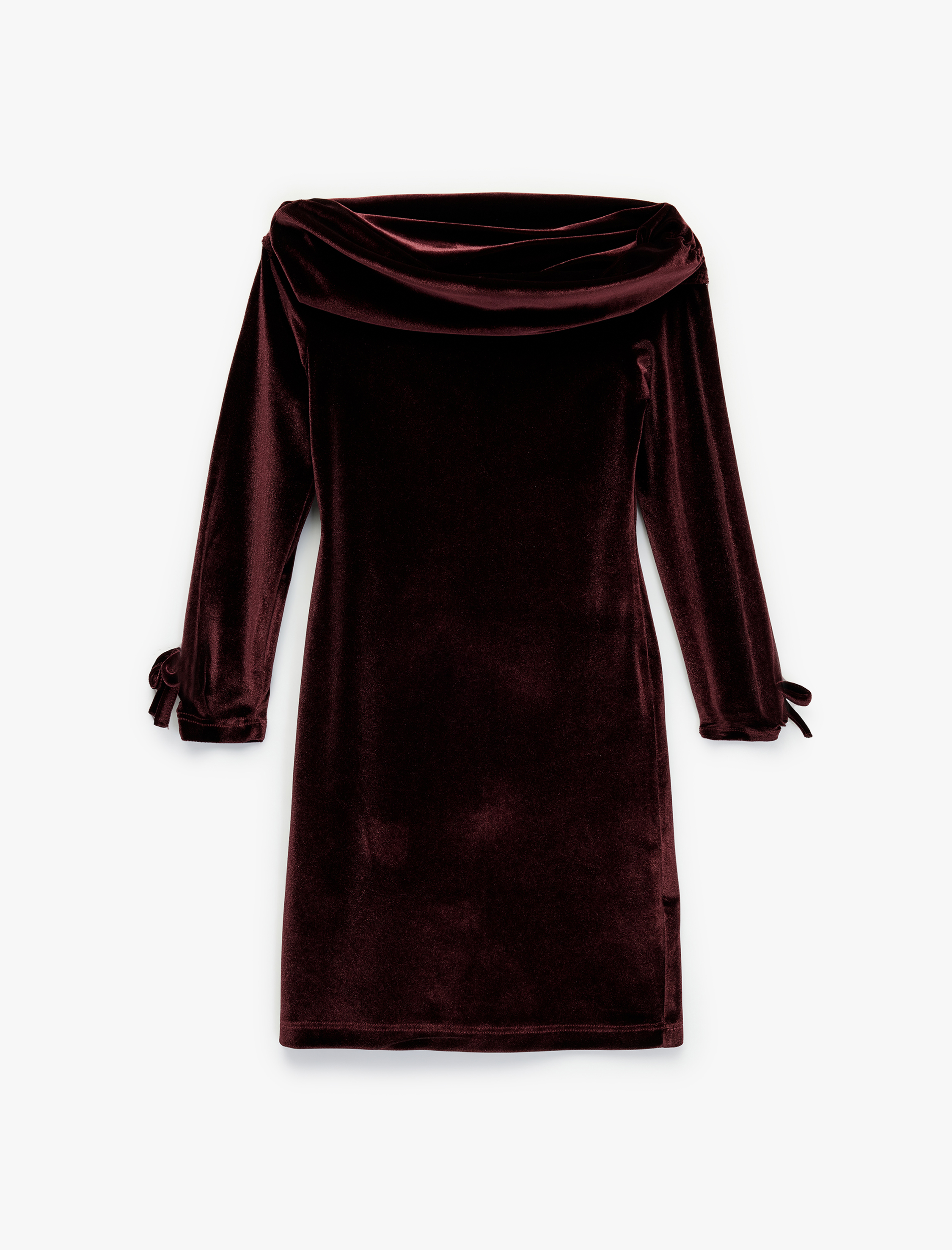  Kız Çocuk Fiyonk Detaylı Uzun Kollu Düşük Omuz Askılı Kadife Yılbaşı Elbisesi