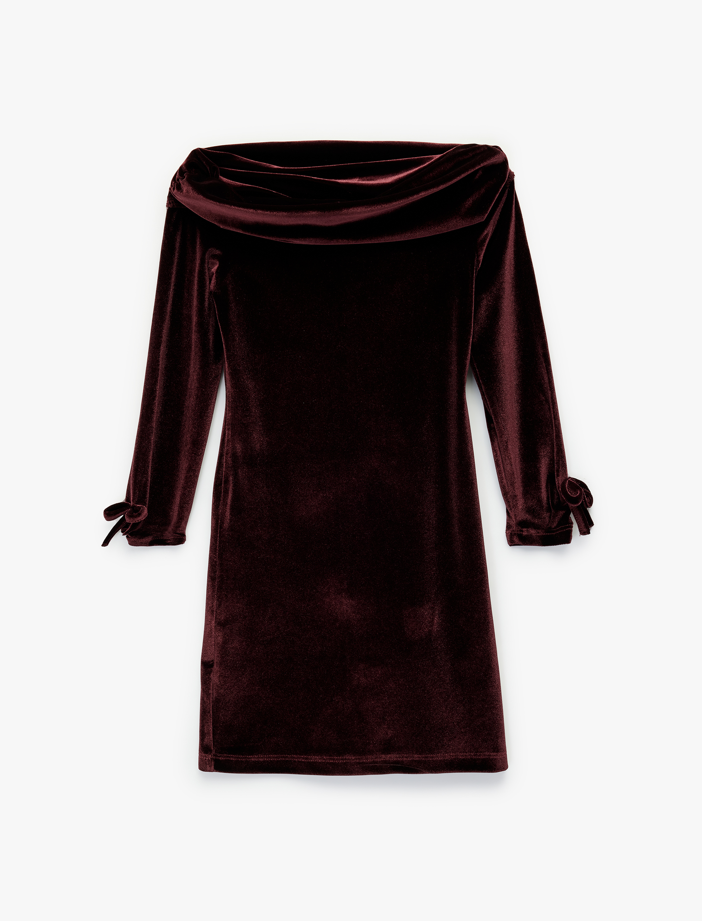  Kız Çocuk Fiyonk Detaylı Uzun Kollu Düşük Omuz Askılı Kadife Yılbaşı Elbisesi