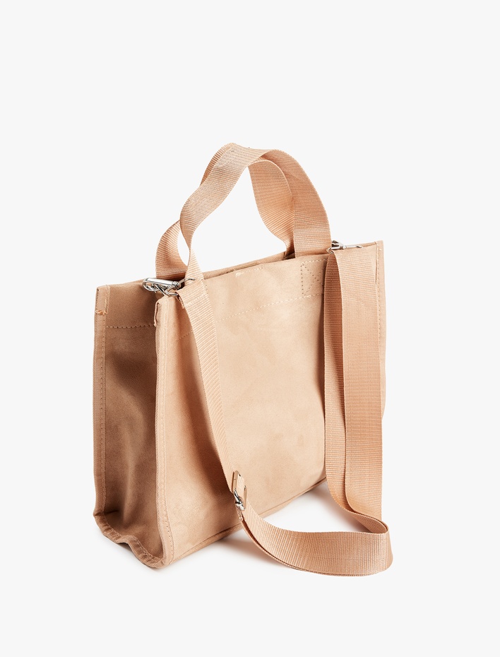 Kadın Etiket Detaylı Saplı Askılı Suni Süet Tote Çanta