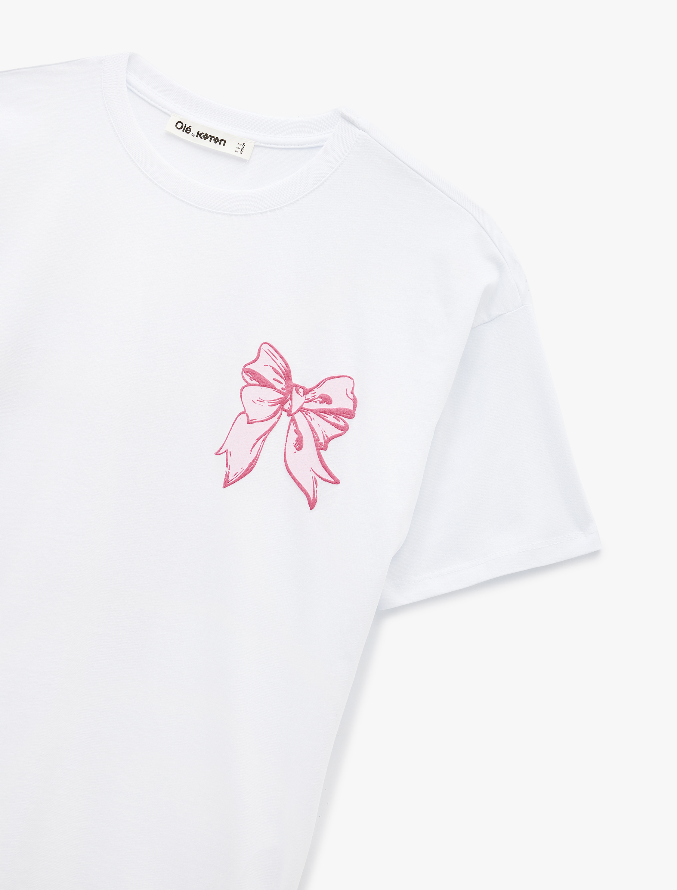   Kısa Kollu Bisiklet Yaka Fiyonklu Arkası Baskılı Oversize Tişört