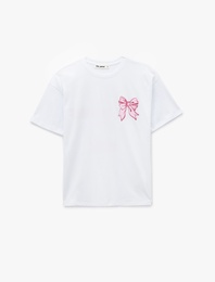 Kısa Kollu Bisiklet Yaka Fiyonklu Arkası Baskılı Oversize Tişört