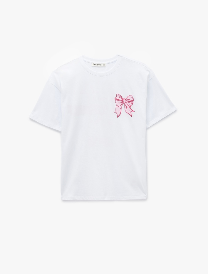  Kısa Kollu Bisiklet Yaka Fiyonklu Arkası Baskılı Oversize Tişört