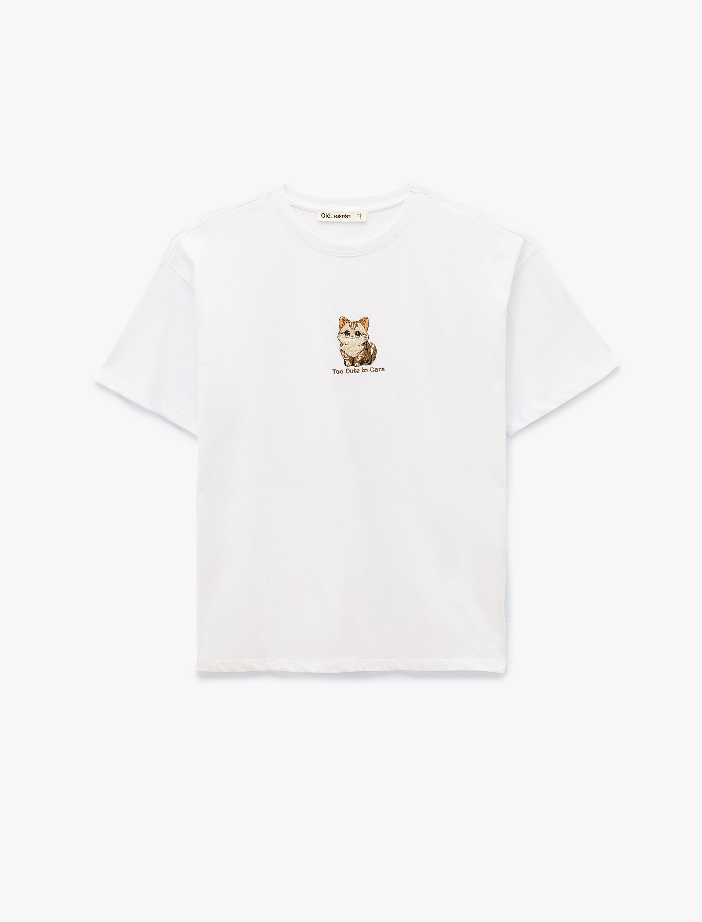   Kısa Kollu Bisiklet Yaka Pamuklu Kedi Nakışlı Oversize Tişört