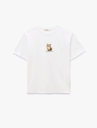 Kısa Kollu Bisiklet Yaka Pamuklu Kedi Nakışlı Oversize Tişört