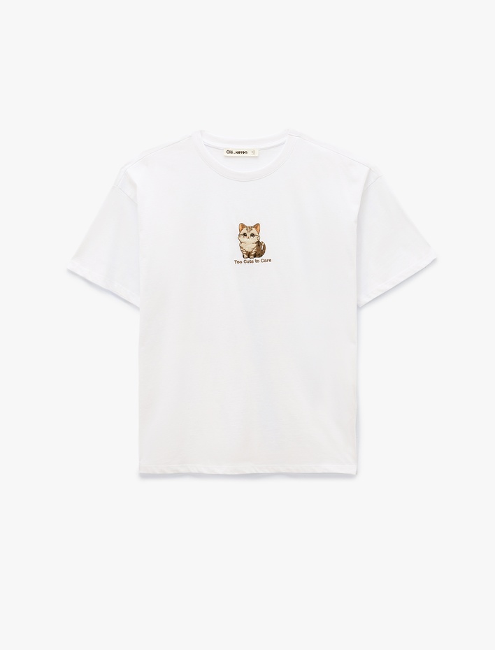  Kısa Kollu Bisiklet Yaka Pamuklu Kedi Nakışlı Oversize Tişört