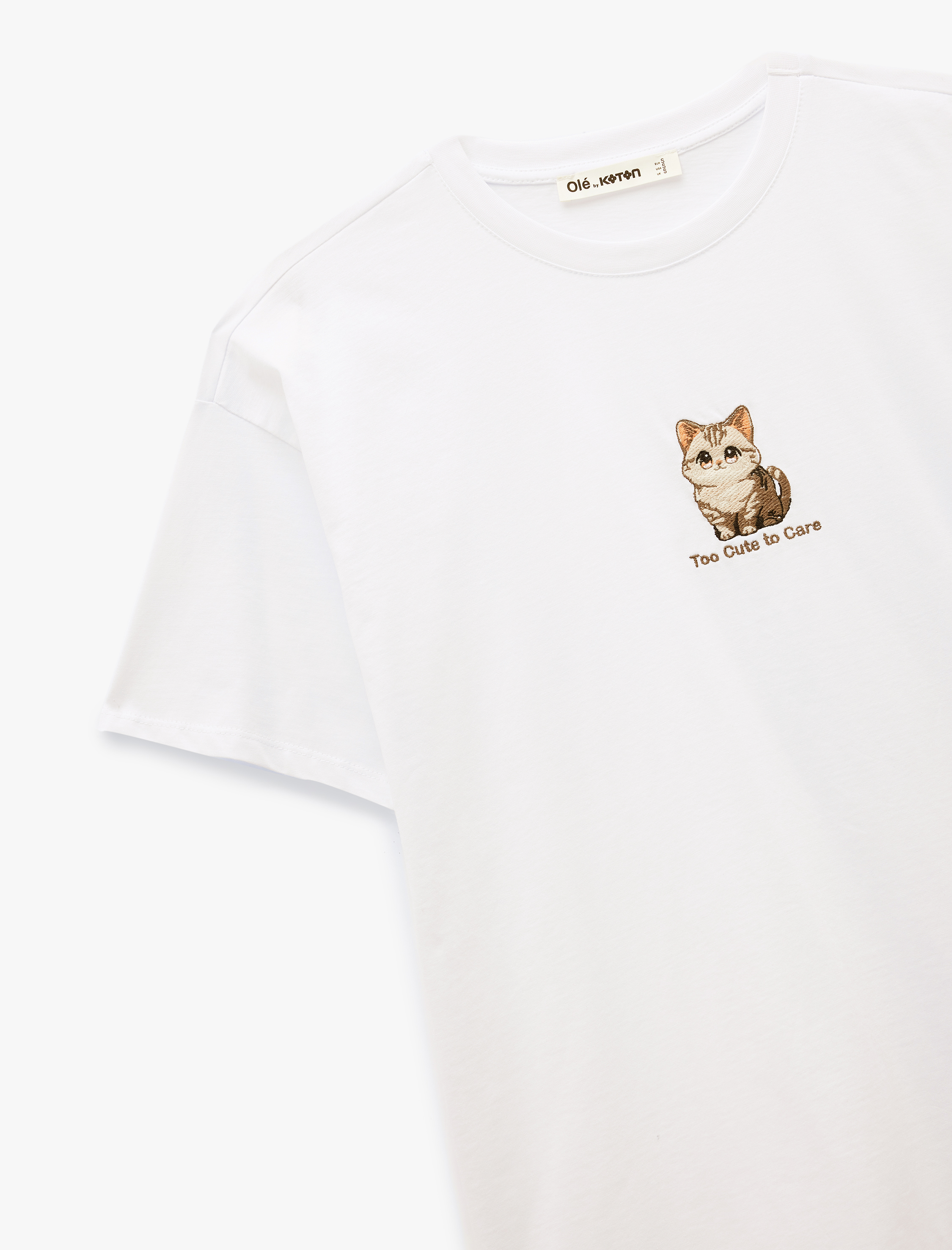   Kısa Kollu Bisiklet Yaka Pamuklu Kedi Nakışlı Oversize Tişört