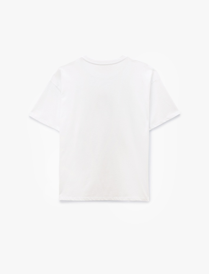  Kısa Kollu Bisiklet Yaka Pamuklu Kedi Nakışlı Oversize Tişört