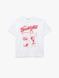 Pamuklu Kısa Kollu Bisiklet Yaka Fiyonk Baskılı Oversize Tişört