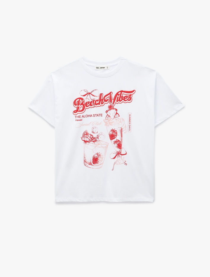  Pamuklu Kısa Kollu Bisiklet Yaka Fiyonk Baskılı Oversize Tişört