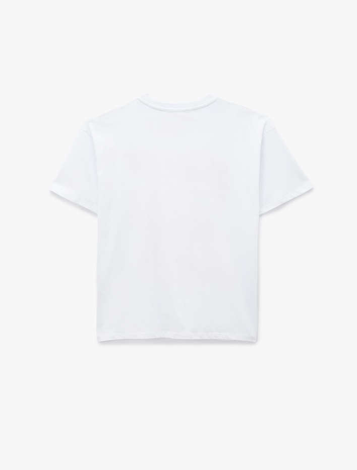  Pamuklu Kısa Kollu Bisiklet Yaka Fiyonk Baskılı Oversize Tişört