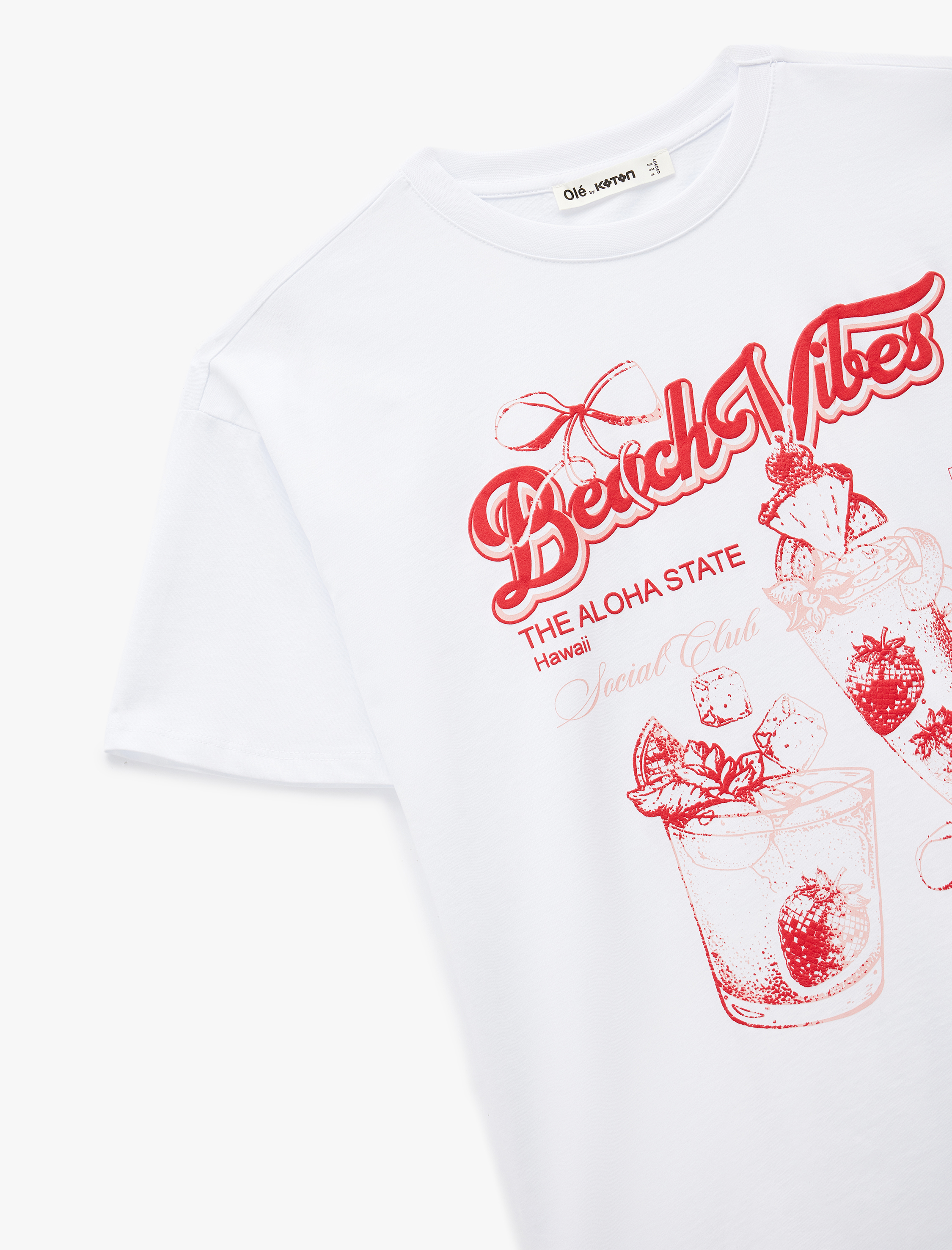   Pamuklu Kısa Kollu Bisiklet Yaka Fiyonk Baskılı Oversize Tişört